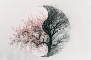 A tree with a pink blossom in the middle of a white background photo