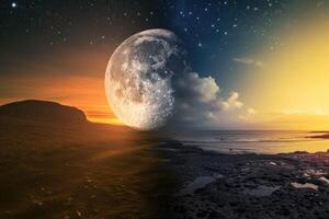 The moon and the sun are shown in the same image photo