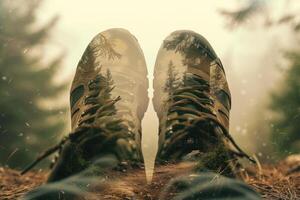 A pair of shoes with a forest in the background photo