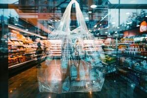 A plastic bag is hanging in front of a store photo