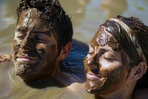 A man and woman covered in mud photo