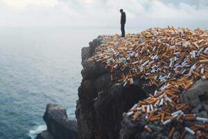 Man standing on the edge of a cliff with cigarettes on the ground photo