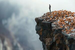 A man standing on top of a cliff with cigarettes photo