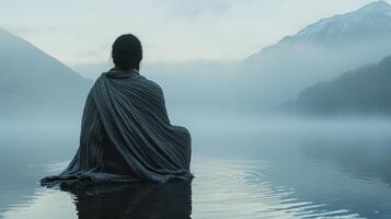 A person sitting in the water with a blanket over their head photo