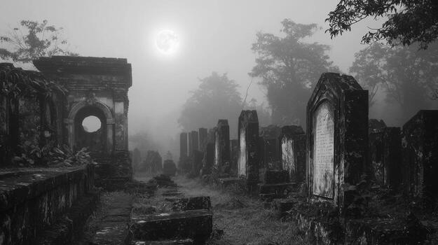 A graveyard with tombstones and a full moon photo