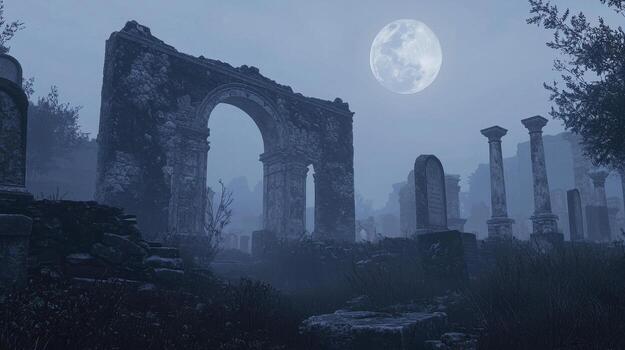 A graveyard with a full moon in the background photo