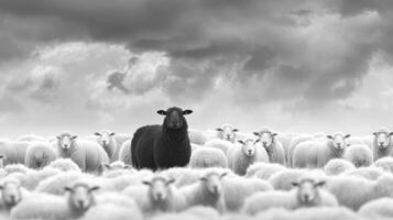 Black sheep in a flock of white sheep photo