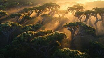 Sunbeams shine through the trees in a forest photo
