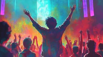 A painting of a man with his hands up in front of a crowd photo