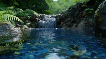 A waterfall in a lush green forest photo