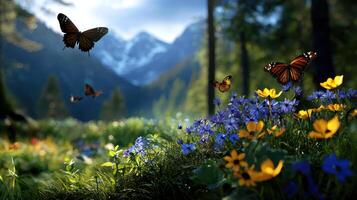 Butterflies flying over a field of flowers and mountains photo
