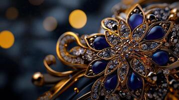 A gold and blue brooch with diamonds photo