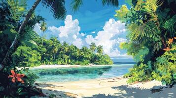 A painting of a tropical beach with palm trees photo