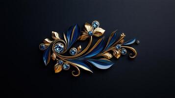 A blue and gold brooch with flowers and leaves photo