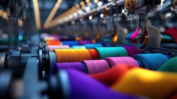 A close up of a machine that is filled with spools of yarn photo