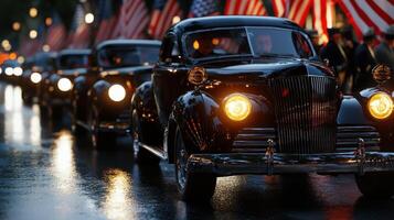 A line of old cars with american flags in the background photo