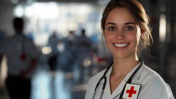 A woman in a hospital uniform is smiling photo