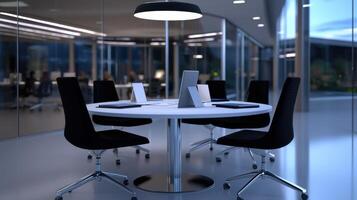 A conference room with a table and chairs photo