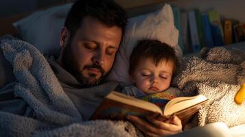 A man and child reading a book in bed photo