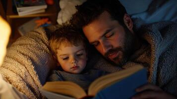A man and a child reading a book at night photo