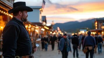 A man in a cowboy hat stands in front of a crowd photo