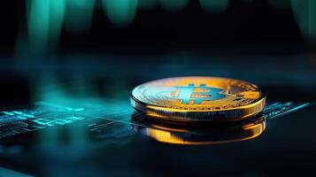 Bitcoin on a table with a graph and a bitcoin price chart photo