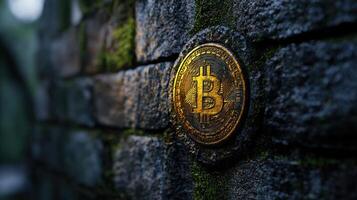 Bitcoin on a brick wall photo
