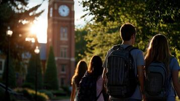 Three students walk on a campus with a clock tower in the background photo