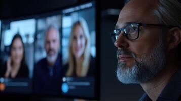 A man in glasses is looking at a conference photo