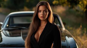 A woman in a black dress standing next to a classic car photo