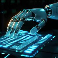 A robot hand is typing on a keyboard photo