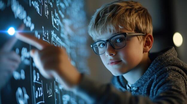 A young boy in glasses is pointing at a blackboard with math formulas photo