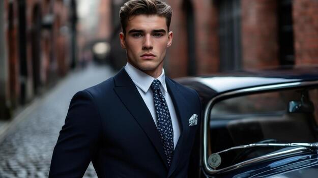 A man in a suit standing next to a classic car photo