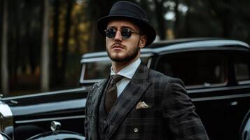 A man in a suit and hat stands next to an old car photo