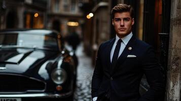 A man in a suit and tie standing next to a classic car photo