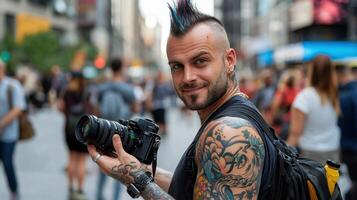A man with tattoos holding a camera photo