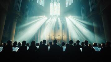 A large group of people are sitting in a church photo