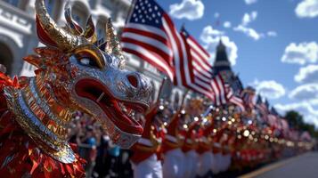 A dragon is leading a parade of people holding American flags photo