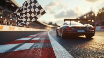 A checkered flag is flying in the air next to a race car on a track photo