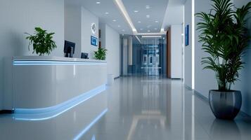 A large lobby with a white counter and a blue wall photo