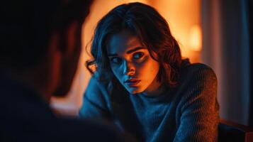 A woman is looking at a man in a dimly lit room photo