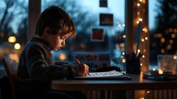 A young boy is sitting at a desk writing photo