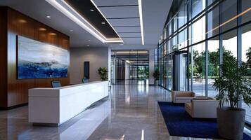 A large lobby with a white counter and a blue and white painting on the wall photo