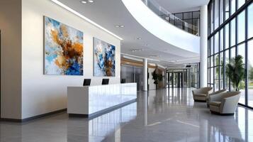 A large lobby with a white wall and two paintings on it photo