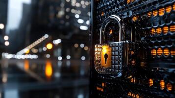 A lock is on a wall with a city background photo