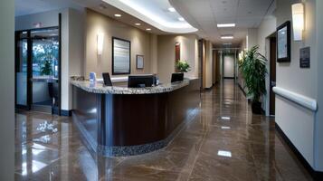 A large lobby with a marble counter and a potted plant photo