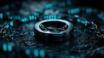 A silver ring with a chain around it is on a dark surface photo