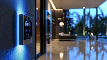 A smart home control panel is mounted on a wall in a living room photo