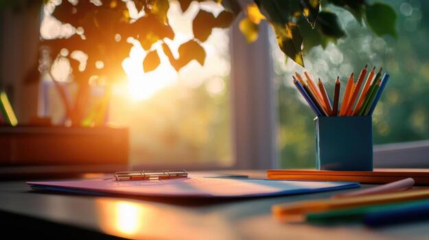 A desk with a blue container of colored pencils photo