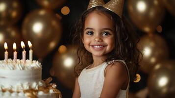 A young girl is standing in front of a birthday cake with lit candles photo